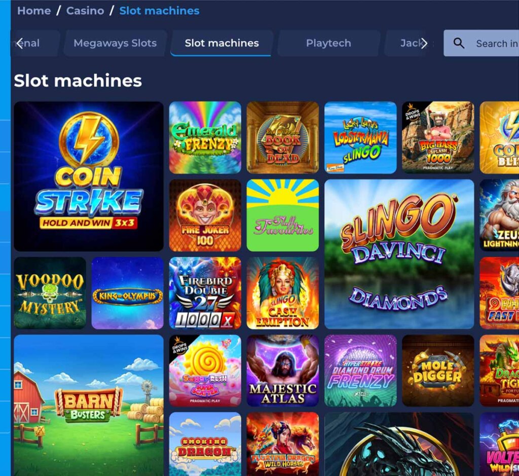 Betnero Casino desktop slots screenshot showing slot game categories, featured titles and filtering options - tested
