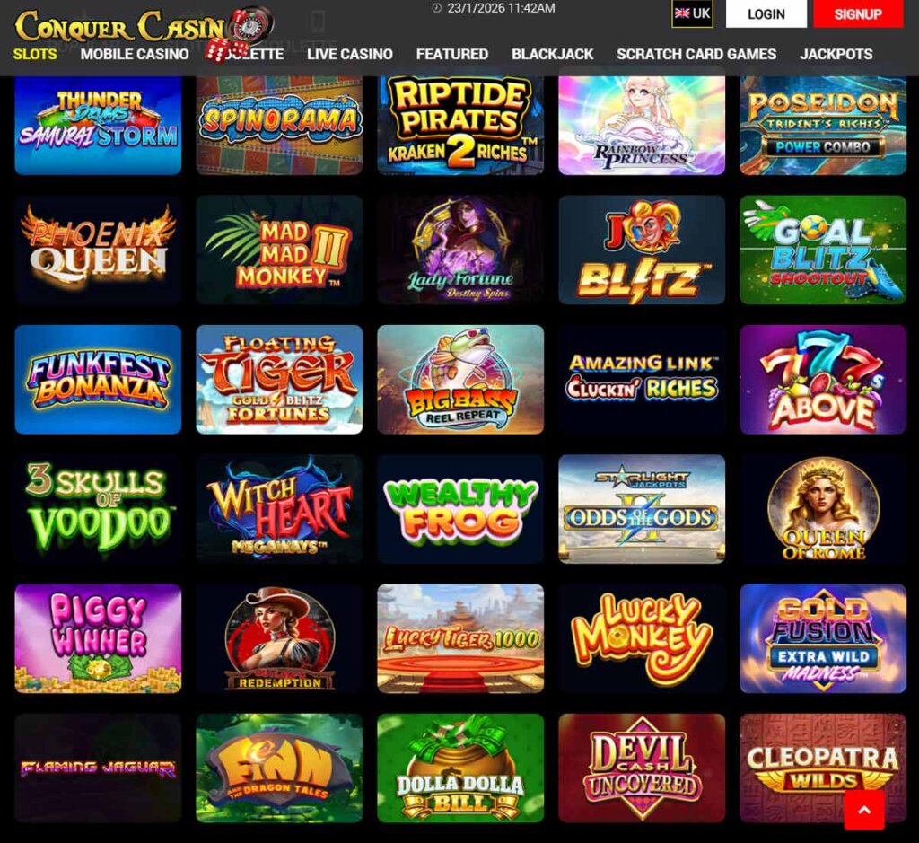 Conquer Casino desktop slots screenshot showing slot game categories, featured titles and filtering options - tested