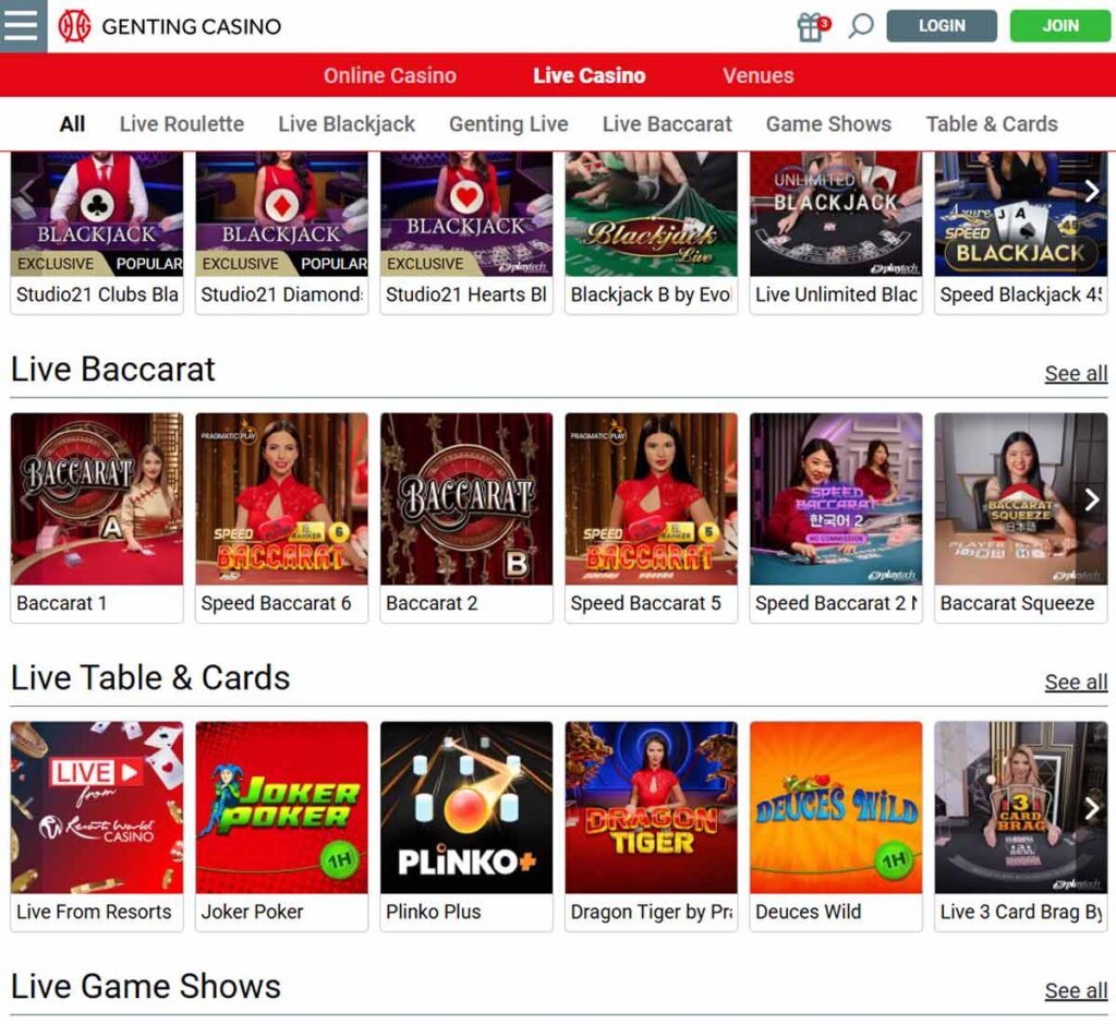 Genting Casino desktop live casino screenshot showing real-dealer tables including roulette, blackjack and baccarat with lobby navigation - tested