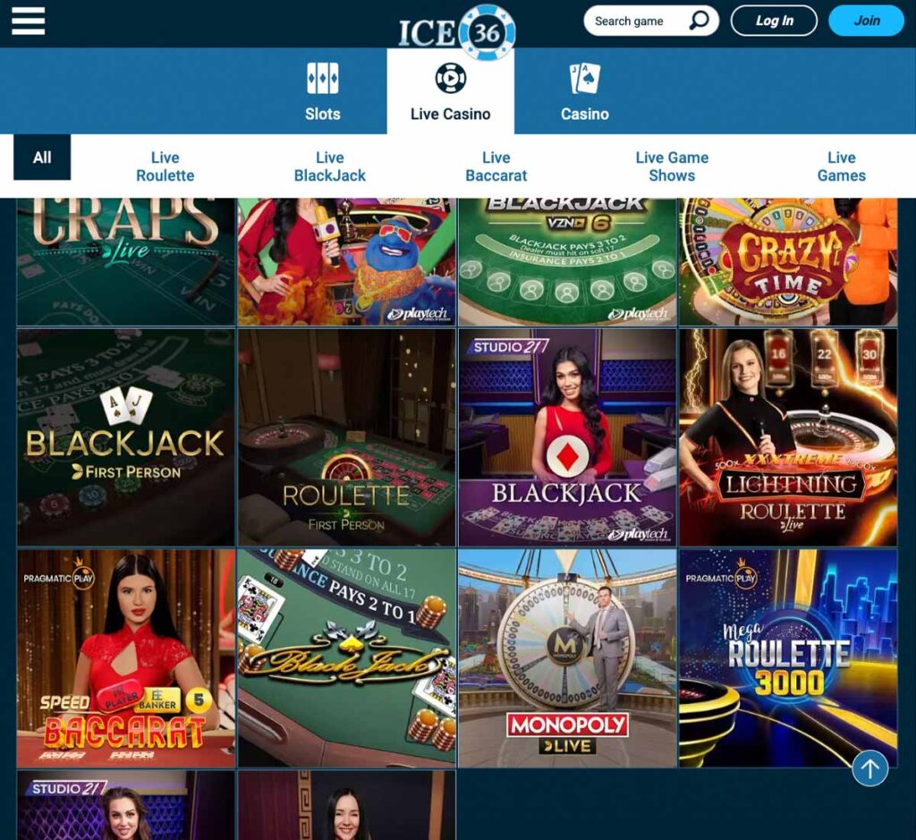 Ice36 Casino desktop live casino screenshot showing real-dealer tables including roulette, blackjack and baccarat with lobby navigation - tested