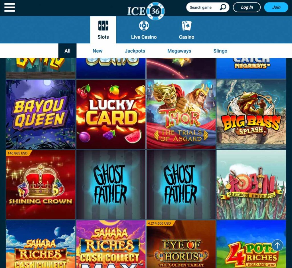 Ice36 Casino desktop slots screenshot showing slot game categories, featured titles and filtering options - tested