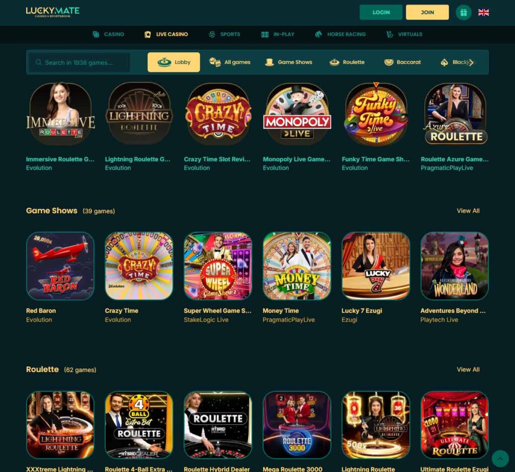 LuckyMate Casino desktop live casino screenshot showing real-dealer tables including roulette, blackjack and baccarat with lobby navigation - tested
