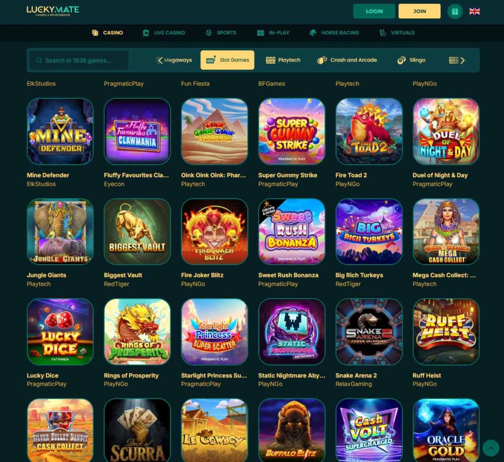 LuckyMate Casino desktop slots screenshot showing slot game categories, featured titles and filtering options - tested