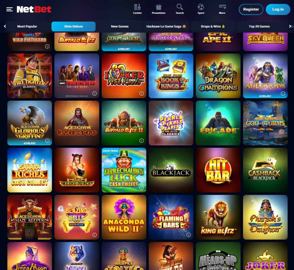 NetBet Casino desktop slots screenshot showing slot game categories, featured titles and filtering options - tested
