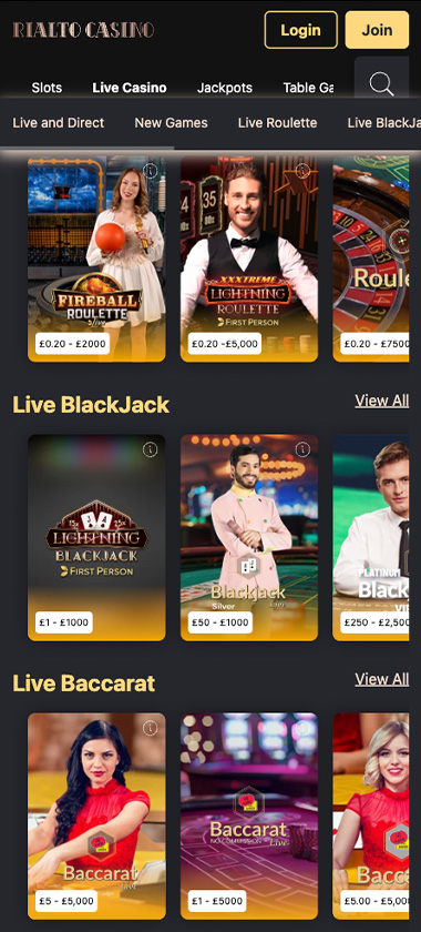 Rialto Casino mobile live casino screenshot showing real-dealer tables including roulette, blackjack and baccarat with compact lobby layout - tested