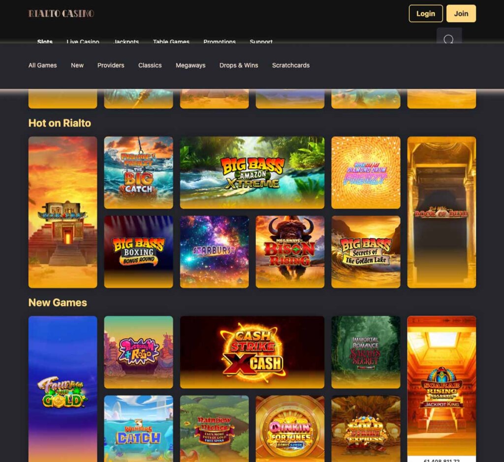 Rialto Casino desktop slots screenshot showing slot game categories, featured titles and filtering options - tested Rialto Casino desktop slots screenshot showing slot game categories, featured titles and filtering options - tested