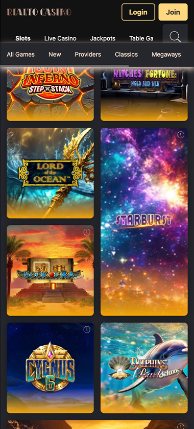 Rialto Casino mobile slots screenshot showing slot game categories, featured titles and navigation on smartphone interface - tested