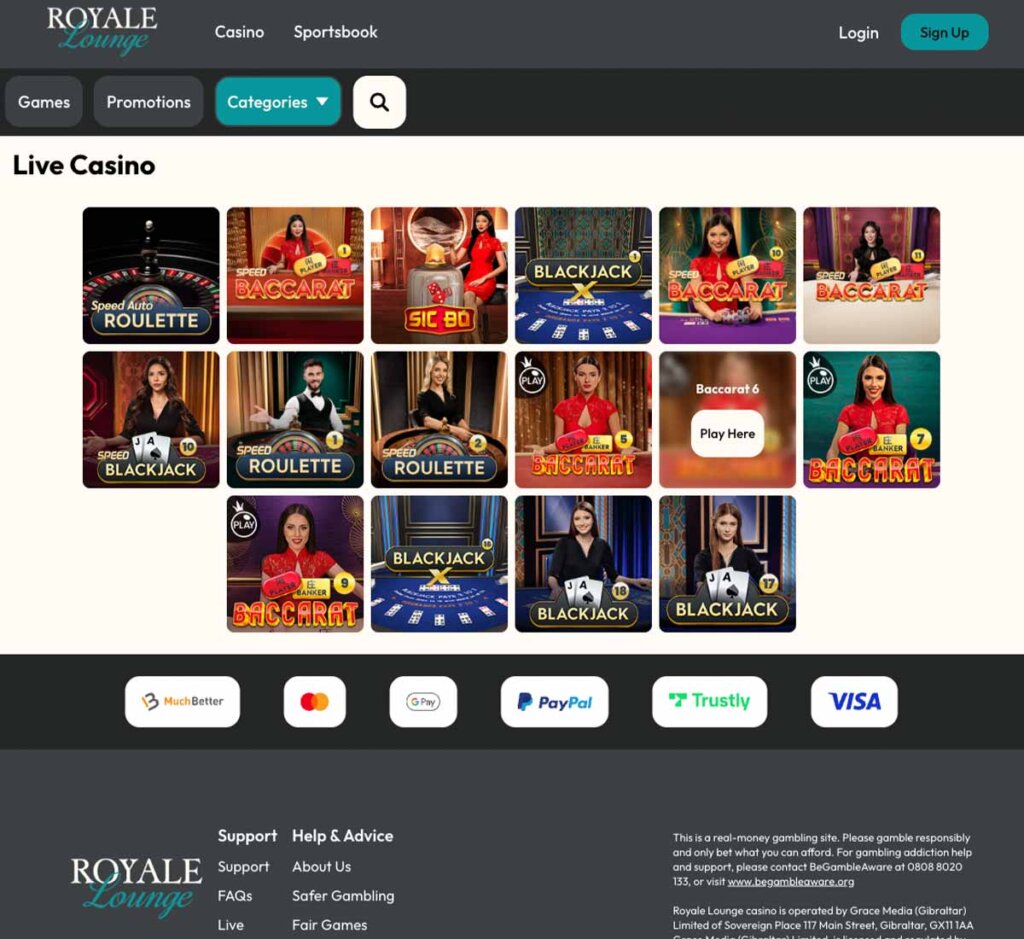 Royale Lounge Casino desktop live casino screenshot showing real-dealer tables including roulette, blackjack and baccarat with lobby navigation - tested Royale Lounge Casino desktop live casino screenshot showing real-dealer tables including roulette, blackjack and baccarat with lobby navigation - tested