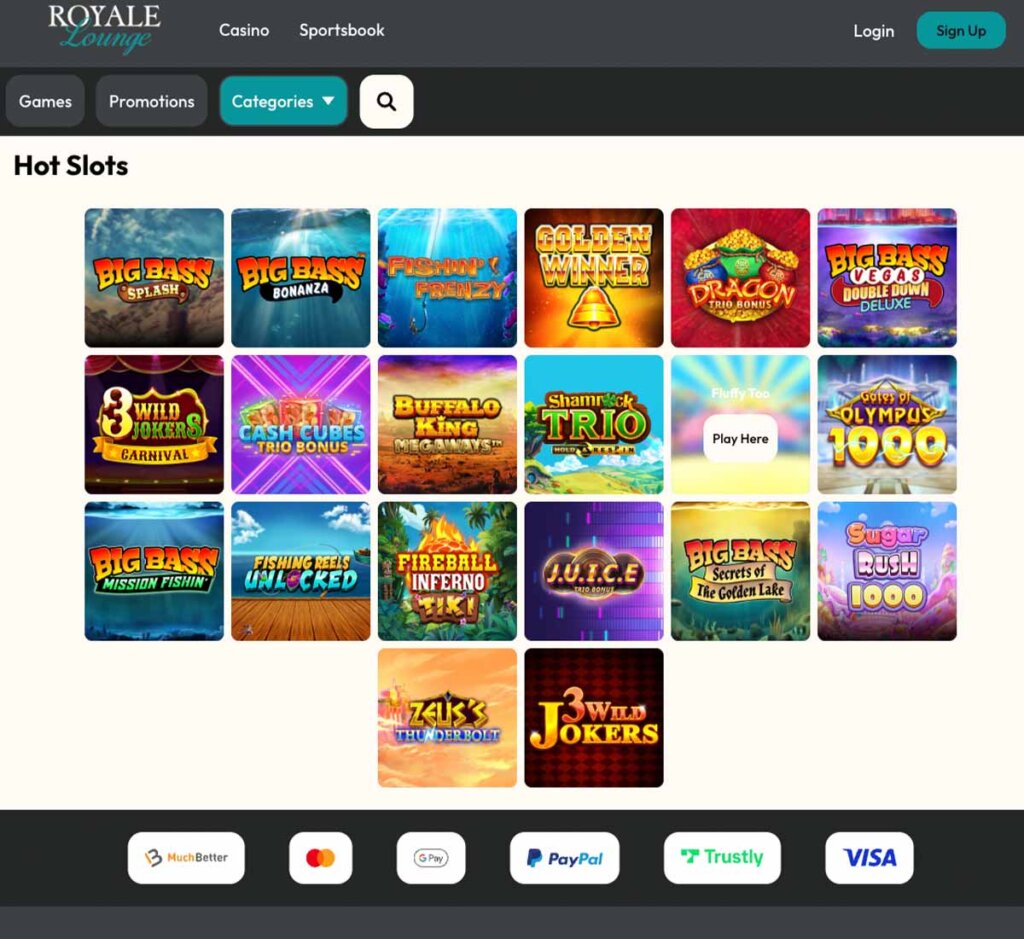 Royale Lounge Casino desktop slots screenshot showing slot game categories, featured titles and filtering options - tested Royale Lounge Casino desktop slots screenshot showing slot game categories, featured titles and filtering options - tested