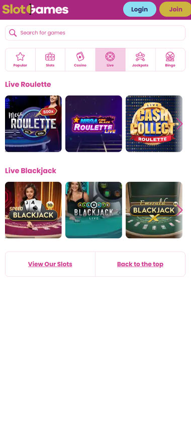 Slot Games Casino mobile live casino screenshot showing real-dealer tables including roulette, blackjack and baccarat on smartphone interface - tested