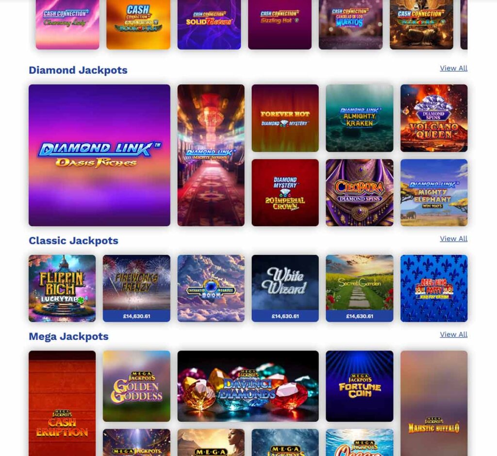 Spin and Win Casino desktop jackpots screenshot showing progressive jackpot games, prize values and game selection grid - tested