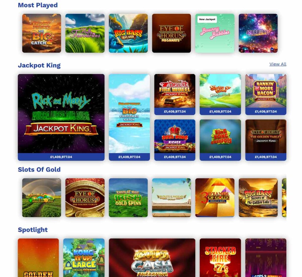 Spin and Win Casino desktop slots screenshot showing slot game categories, featured titles and filtering options - tested