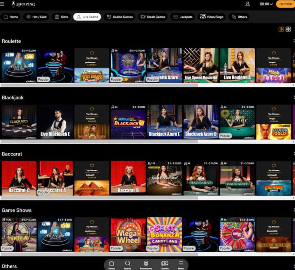 Lord Ping Casino desktop live casino screenshot showing real-dealer tables including roulette, blackjack and baccarat with lobby navigation - tested