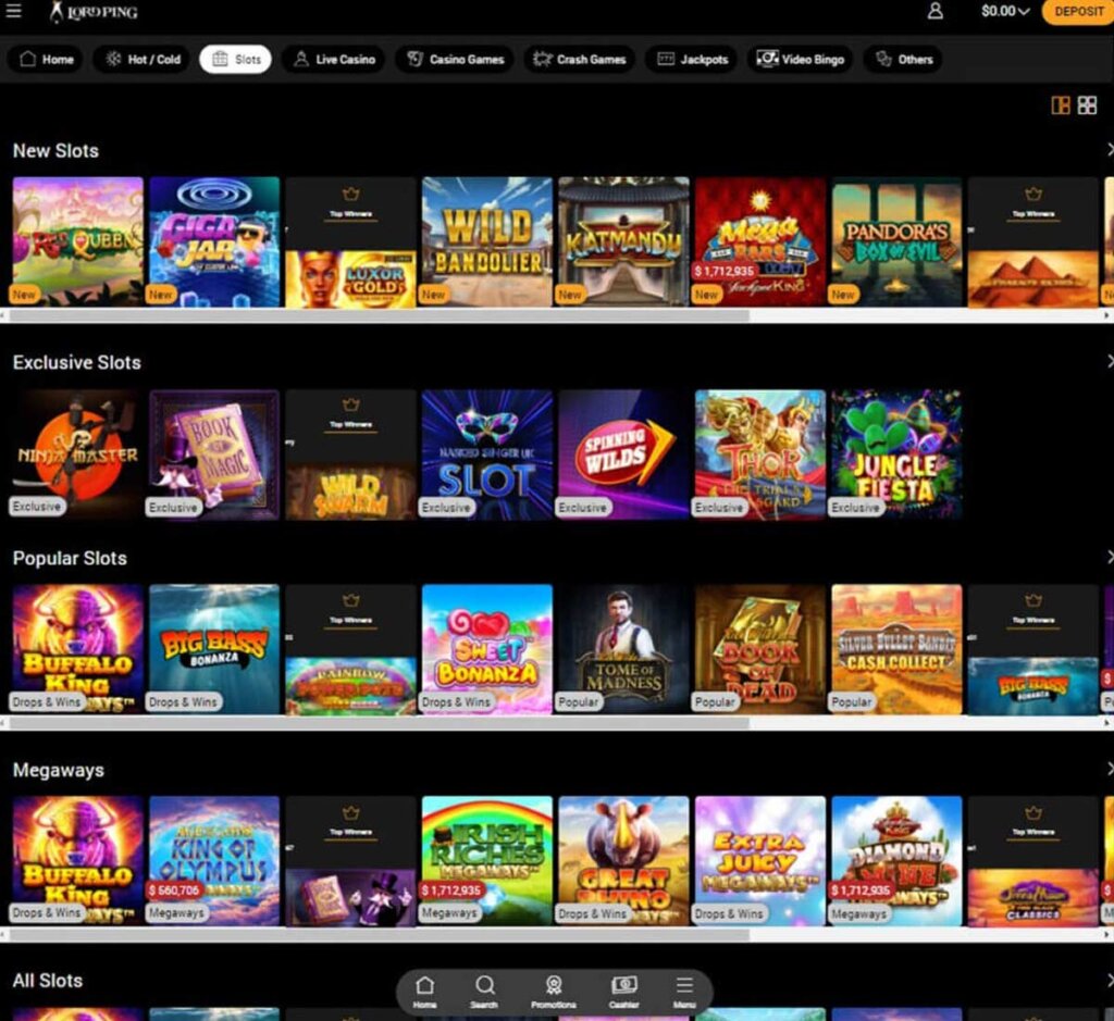Lord Ping Casino desktop slots screenshot showing slot game categories, featured titles and filtering options - tested